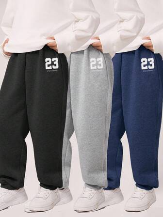 SHEIN 3 件套儿童/青少年男童休闲学院风字母印花抽绳腰部宽松针织运动裤，3 种颜色