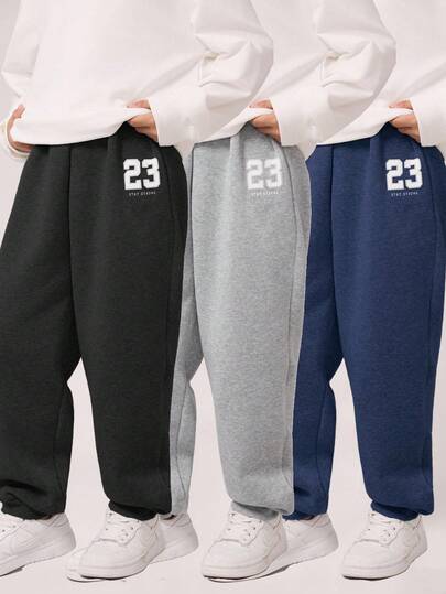 SHEIN Set de 3 pantalones de chándal holgados de punto con estampado de letras universitarias y cintura con cordón para niños/preadolescentes, 3 colores