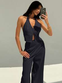 Aloruh Deep V-Neck Backless Camisole And Wide Leg Pants Set, Slim & Tall, Office/Commute Wear, Spring/Summer - Navy Blue - View 7
