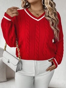EMERY ROSE Plus Size Women Red & White Striped Knit Sweater, Casual Pullover Sweater Suitable For Christmas, Halloween, Back To School Season, Autumn/Winter