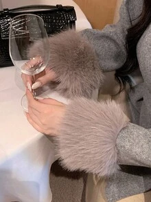 DAZY 女士羊毛大衣，配有毛绒拼布纯色抽绳腰带，适合情人节夹克 - 灰色 - 查看 8