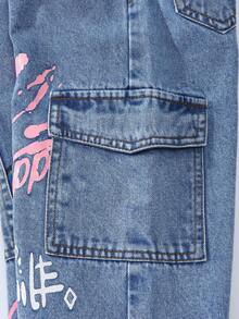 Sparklyn 1件少女牛仔工装裤，时尚街头风休闲学院风度假推荐，黑色+粉色爱心+英文印花，可爱甜美 - 淺色水洗藍 - 查看 5