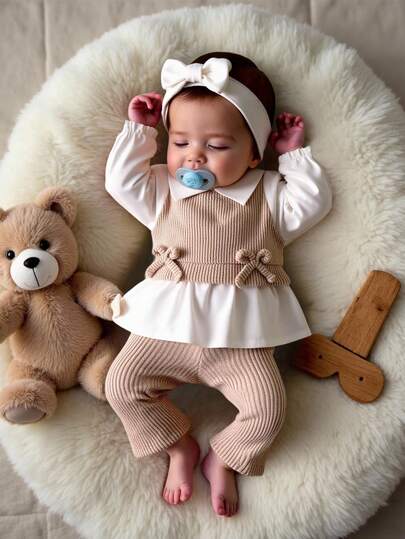 SHEIN 2 pièces/Set Tenue décontractée pour bébé fille nouveau-né, Top blocs de couleurs col et pantalon tricoté ample, simple et