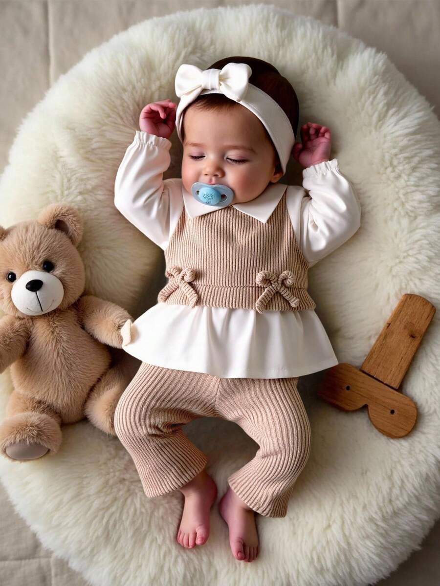 SHEIN Set de 2 piezas de ropa casual para bebé niña recién nacida, con blusa de bloques de color con cuello y pantalones holgados de punto, sencillo y de moda - Caqui - Ver 1