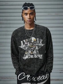AXEPEAK Men's Street Style Graphic Print Crew Neck Long Sleeve T-Shirt - Black - View 3