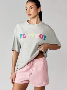 Missguided x Playboy 多色字母印花超大 T 恤棉混纺休闲短袖街头风夏季春季上衣 - 淺灰色 - 查看 5