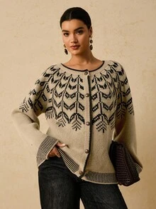 Travachic Christmas Vintage Style Wheat Jacquard Knit Cardigan For Women, Loose Fit, Versatile, Autumn/Winter New Arrival
