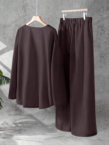 Linhara Conjunto de 2 piezas de top de manga larga con cordón y pantalones de unicolor minimalista para talla grande - Púrpura polvoriento - Ver 2