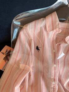 Resyla 新款休闲宽松粉色条纹衬衫，马刺绣设计，青春洋溢 - 粉色 - 查看 5