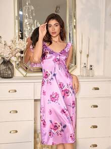 LuxeNights Floral Print Faux Silk Ruffle Hem Women Nightgown - Purple - View 4