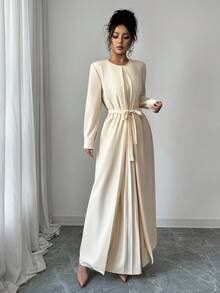 SHEIN Elenzya Elegant Romantic Pleated A-Line Long Sleeve Round Neck Dress For Women