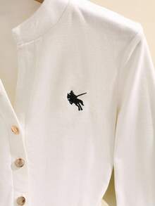 GlowEve 女式休闲刺绣纽扣T恤，带保暖衬里，秋冬 - 白色 - 查看 5