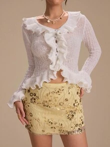 Relinas Women's French Elegant V-Neck Ruffle Trim Ribbed Knit Cardigan, Slim Fit, AutumnWarm Sweater Knitted Sweater Winter Wear Comfortable Autumn And Winter Wear Women's New Year Party Wear Can Be Worn In Many Ways