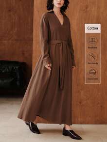 Franclia 女士时尚V领长裙，简约设计，优质面料 - 咖啡 - 查看 5