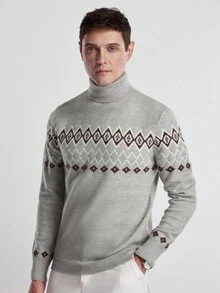 Manfinity CityGents Men's Geometric Pattern Long Sleeve Casual Turtleneck Sweater, Autumn/Winter