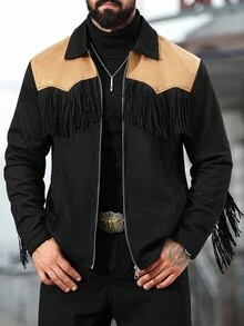 Manfinity Nomadique Men's Colorblock Long Sleeve Thermal Lined Single Breasted Casual Loose Jacket, Autumn Country Concert Vintage Jacket