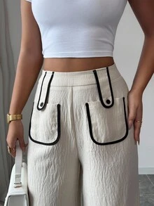 Siren Gaze Women's Fashion Commuter Contrast Trim Wide Leg Pants Winter Chic - Apricot - View 4