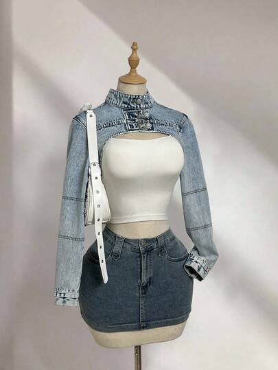 Elamini 女式街头风格长袖牛仔短款上衣