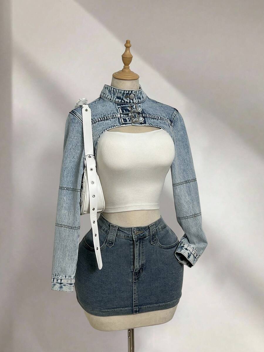 Elamini 女式街头风格长袖牛仔短款上衣 - 藍色 - 查看 1