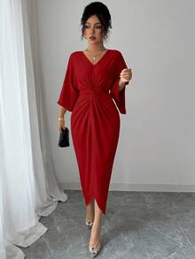 SHEIN Elenzya 优雅针织高弹力蝙蝠袖V领扭纹设计中长款女连衣裙 - 酒紅色 - 查看 3