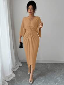 Elenzga Elegant Knitted High Elasticity Batwing Sleeve V-Neck Twist Design Mid-Length Dress For Women