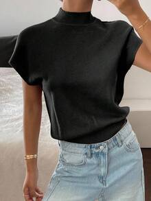 Livesso Women's Solid Color Minimalist Daily Wear Half-Turtleneck Short Sleeve Knit Top - Black - View 3