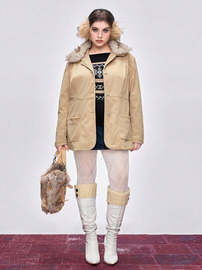 Giacca lunga con bottoni, colletto in pelliccia, design vintage romantico hippie, in velluto a coste, versatile per l'inverno, taglie comode