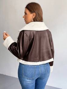 SHEIN Privé Plus Size Fashionable Windproof PU Leather Teddy Fleece Lining Contrast Color Short Loose Fit Women Black Jacket, Autumn/Winter