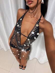 EgrlEra Women's Rhinestone Sequin Party Mini Dress, Suitable For Party Outfit - Black - View 3