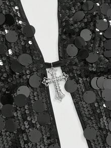 ROMWE Grunge Punk Conjunto de festival de estilo punk rock y diva, chaleco con cuello halter, sexy, con lentejuelas y colgante cruzado, adecuado para festivales de música, fiestas de Año Nuevo y estilo Y2K