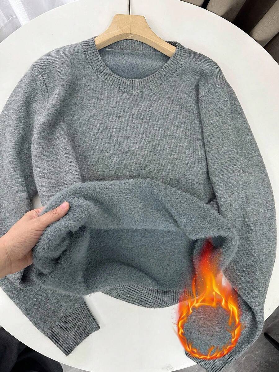 Chiquease Nuevo suéter de cuello redondo de manga larga con forro térmico para mujer - Gris - Ver 1