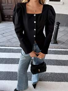 Chiquease Women's Elegant Commuter Solid Color Gigot Sleeve Jacket, Autumn - Black - View 3