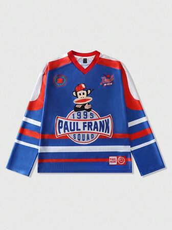 Paul Frank X ROMWE Camiseta de manga larga con bloqueo de color, gráfico de mono y letra, casual y deportiva para hombre, otoño