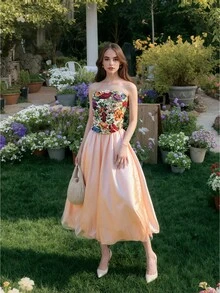 ÉTHER D'OR Women's Retro Elegant Floral Pattern Curved Hem Bandeau Top