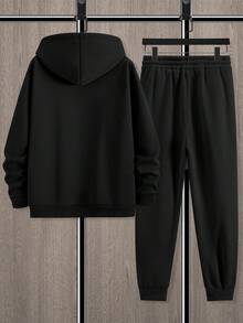 Manfinity Homme 男士两件套保暖休闲马印花卫衣和运动裤套装，秋冬男装衬衫，送给男朋友的礼物，秋季男装，秋季穿搭，舒适秋冬款式 - 黑色 - 查看 2