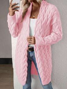 EMERY ROSE Ladies Casual Thigh Length Cable-Knit Pink Cardigan Long Sleeve Drop Shoulder Knitwear - Pink - View 5