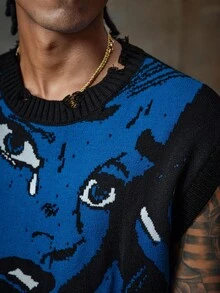 AXEPEAK Men's Graphic Print Crew Neck Knit Vest, For Fall Winter - Multicolor - View 6