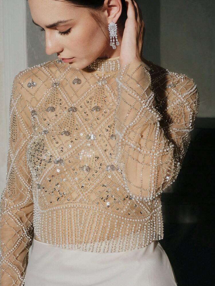 Women's Fashionable High-End Luxury Handmade Beaded Long Sleeve Blouse, Suitable For Fall, Winter, New Year, Elegant, Chic, Stylish, Christmas, Going Out