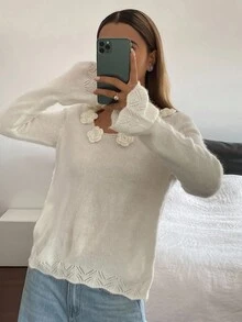 DAZY Suéter de manga larga con cuello redondo y decoración floral 3D para mujer, otoño/invierno - Blanco - Ver 3