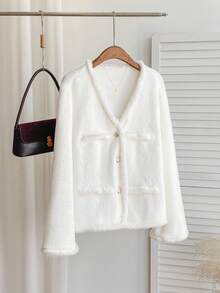 SHEIN EZwear 大码女式纯色性感简约毛绒薄款夹克，秋冬 - 白色 - 查看 7
