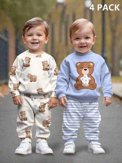 SHEIN 2 件套男婴休闲宽松针织柔软套头衫和裤子套装，适合秋冬季