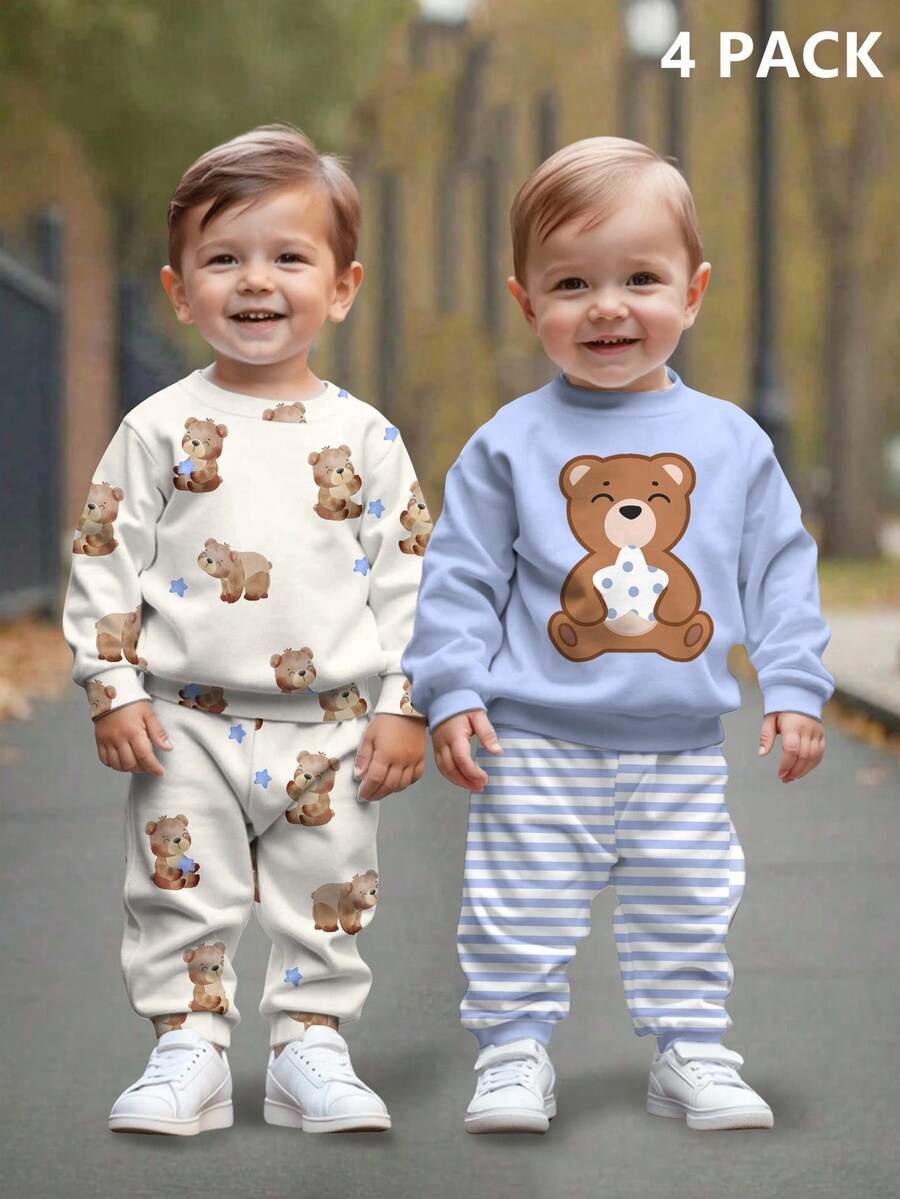 SHEIN 2 件套男婴休闲宽松针织柔软套头衫和裤子套装，适合秋冬季 - 彩色 - 查看 1