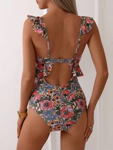 SHEIN Swim 1 szt. Damski, drobny, kwiatowy, falbaniasty, tropikalny, ładny, jednoczęściowy kostium kąpielowy