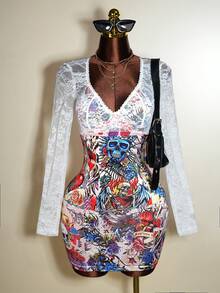 Mistrie 女士时尚性感蕾丝拼布骷髅印花紧身迷你连衣裙 - 彩色 - 查看 3