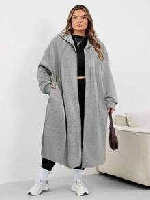 SHEIN CURVE+ 加大码女式长款连帽夹克外套，适合秋冬季女装，冬季，CURVE PLUS - 淺灰色 - 查看 6