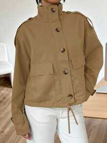 SHEIN EZwear Áo khoác trench coat ngắn giản dị, thời trang rộng rãi, đa năng, có khóa kéo, màu nâu, quần áo thu đông dành cho nữ - Màu Khaki - Xem 3