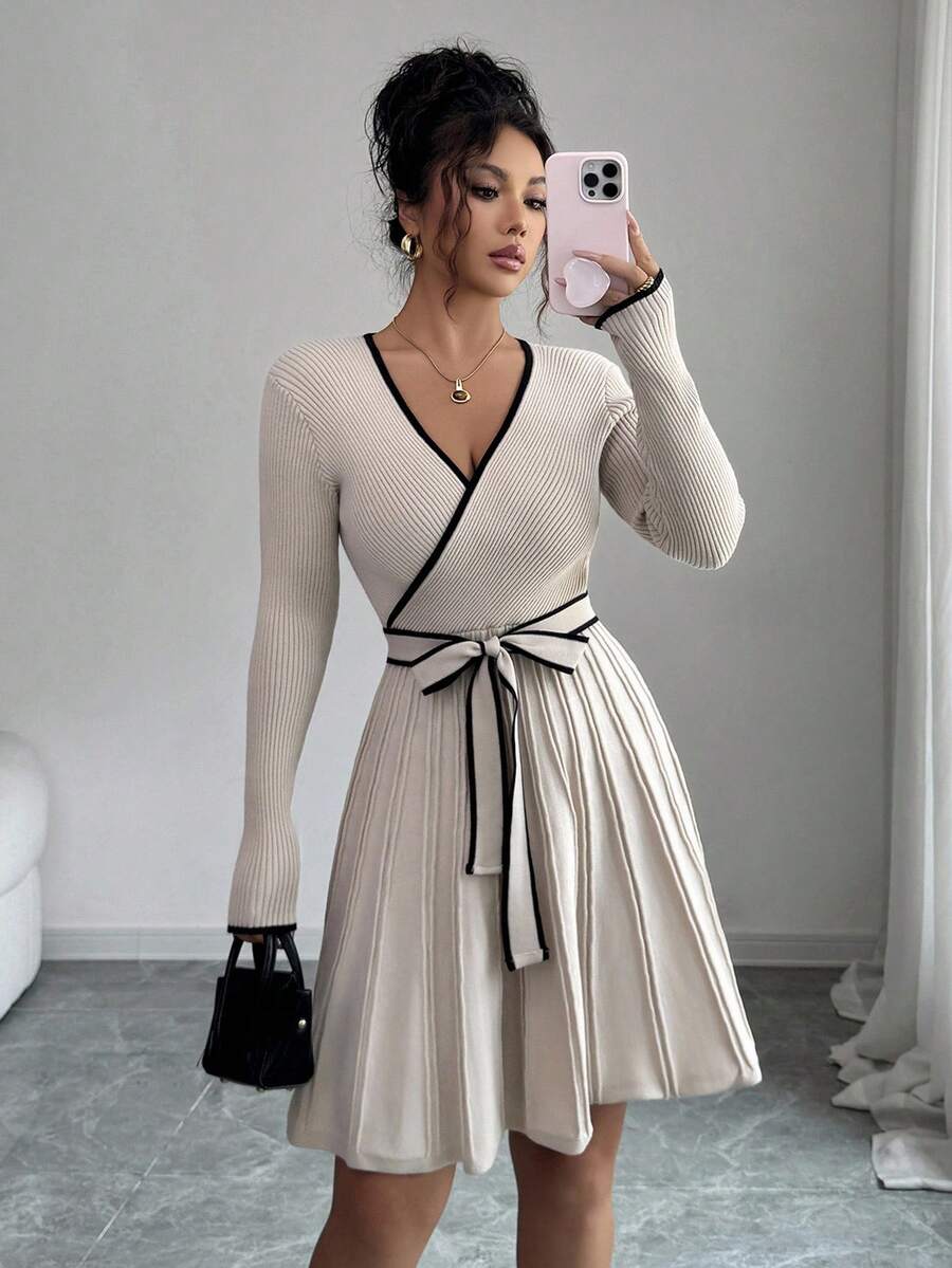 SHEIN Elenzya Women's Elegant Fitted V-Neck Contrast Trim Ribbed Texture Peplum Hem Sweater Dress, Autumn/Winter - Apricot - View 1