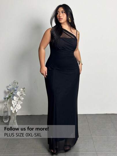 Firerie Plus Size Women Elegant Minimalist Fashion Chic Daily Basic Ins Professional Office Commuting Influencer Music Festival Beach Vacation Sheer Asymmetrical Neck Ruched Bodycon Dress, Sleeveless Wedding Dress For Women