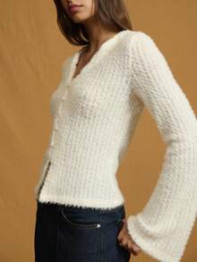 Nöista 纹理针织开衫，修身廓形，V 领，纽扣开合，适合秋季、办公室、休闲 - 米色 - 查看 1