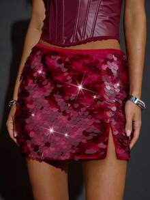 SHEIN BAE Women's Fuchsia Sequin Mid-Low Waist Side Slit Skirt, Autumn/Winter , Suitable For Cocktail Party, Night Out, Sexy Party - Hot Pink - View 6